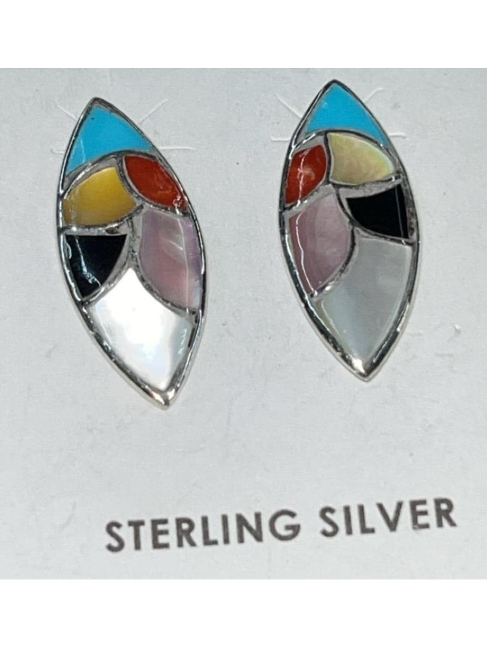 Native American Zuni sterling silver inlay multi stone turquoise earrings